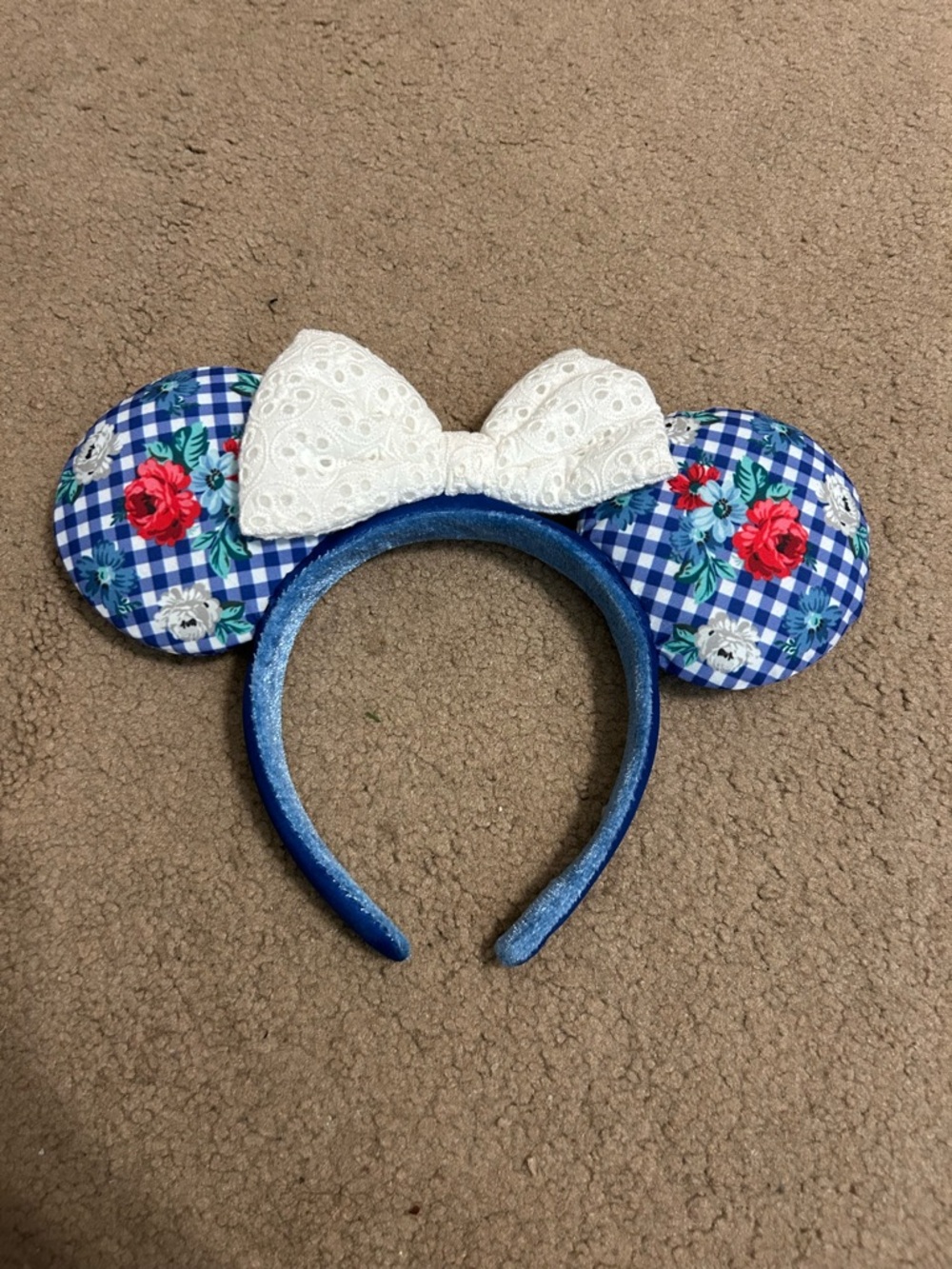 Disney Blue Floral Gingham Minnie Ear Headband with White Lace Bow